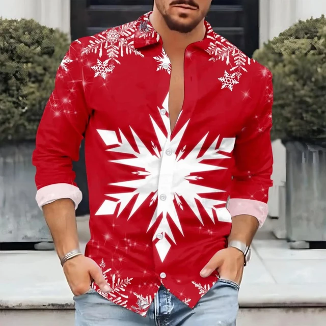 Camisa roja Hawaiana de copo de nieve para hombre blusa de playa de manga larga con botonadura unica moda de Navidad y Ano Nuevo AliExpress