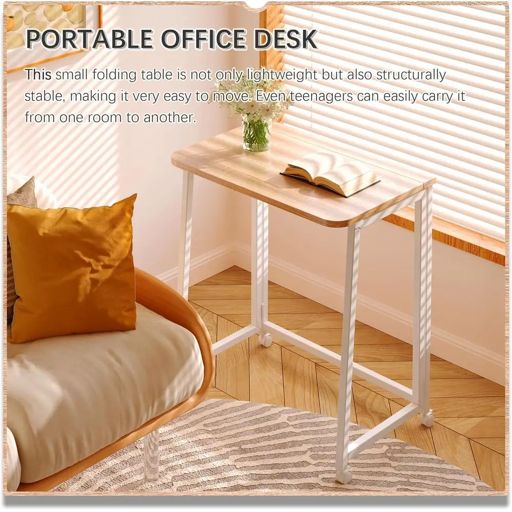 Compact Rolling Desk for Home Office, Foldable Study Table with Wheels - Natural & White