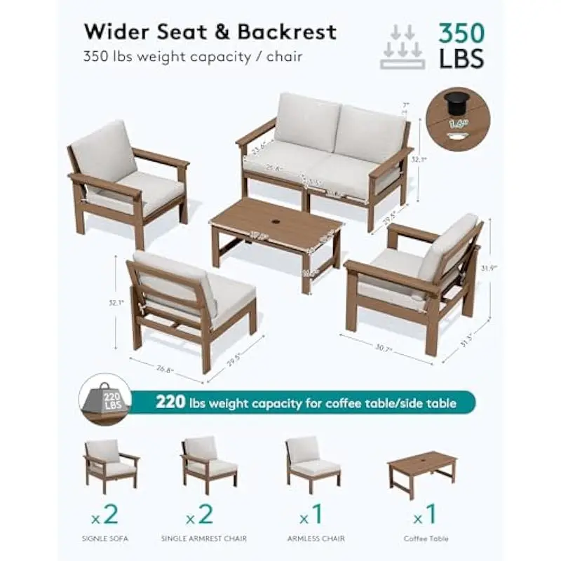 6-piece contemporary outdoor lounge set with HDPE frame brown finish khaki cushions 3-seater sofa two armchairs coffee table wea