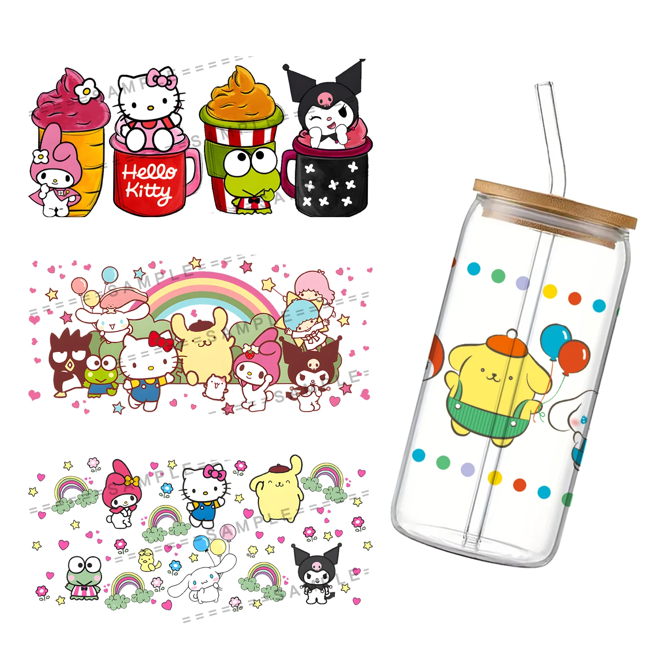 Sticker UV DTF Transfer Sanrio Cute Characters For 16oz Wrap GLASS Cups High Temperature Resistance DIY Waterproof Custom Decals