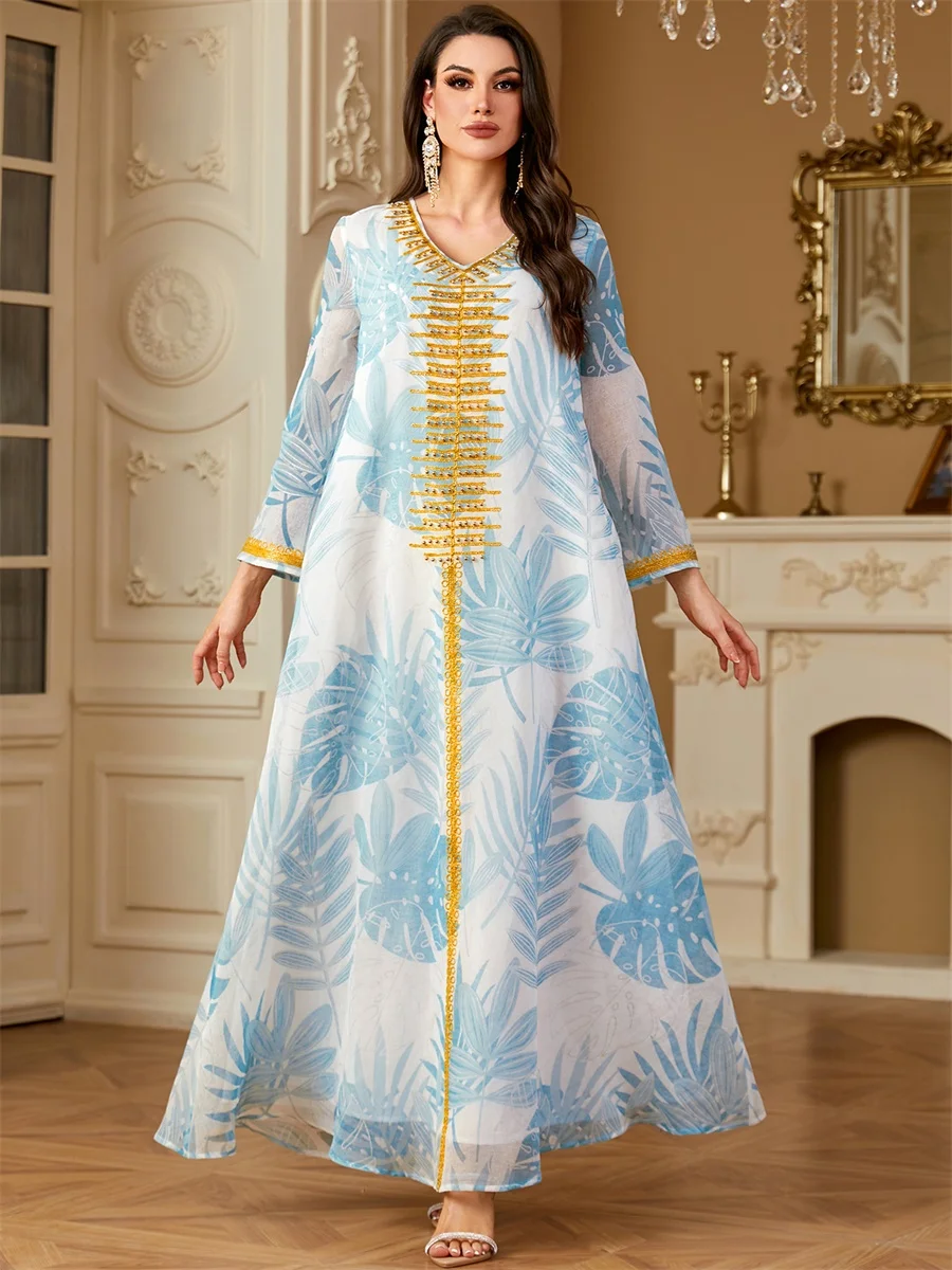 

Siskakia Новое Дубайское жаккардовое платье макси Абая с бисером, кафтан, мусульманское платье с сетчатыми рукавами и v-образным вырезом 2025