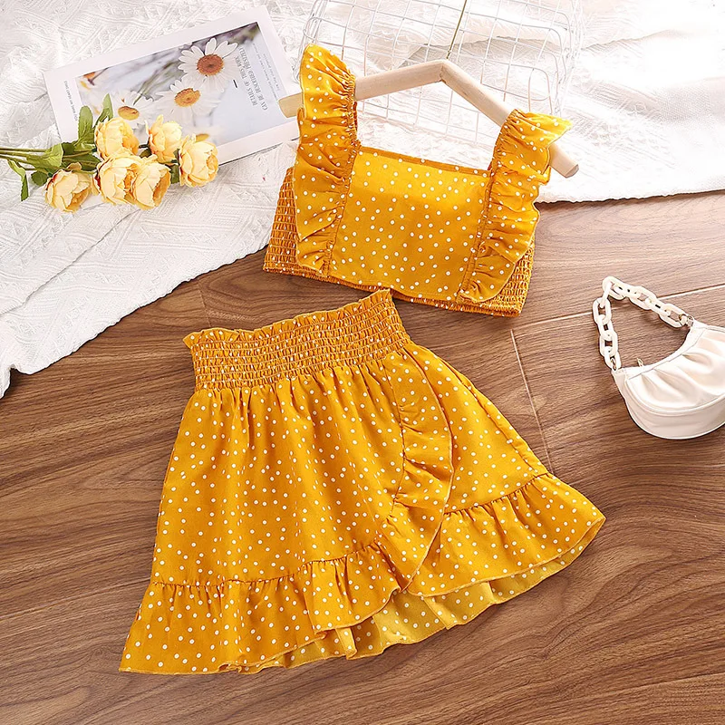 2023 New Summer Child Clothes Sets Sleeveless Ruffles Dot Claret Yellow 2 Piece Sets Designer Boys Clothes Sets 4-7T