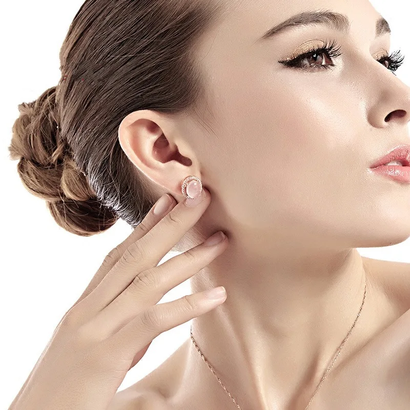 Kuarsa Merah Muda Mewah 14K Anting-Anting Kancing Mawar Emas untuk Wanita Romantis Elegan Perempuan Baik Perhiasan Harian Anting-Anting Perhiasan Desainer