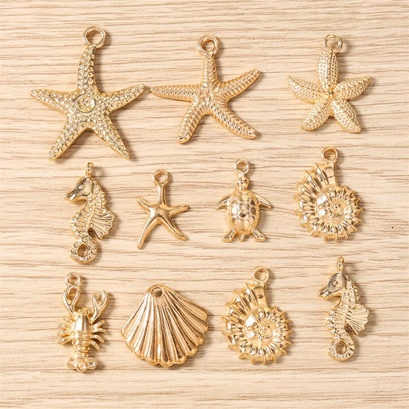 10 Stück niedliche Charms mit Meereslebewesen-Motiv, Metall-Seestern, Muschel, Schildkröte, Hummer, Anhänger für die Schmuckherstellung, Halsketten, Ohrringe, Geschenk – Detail 2