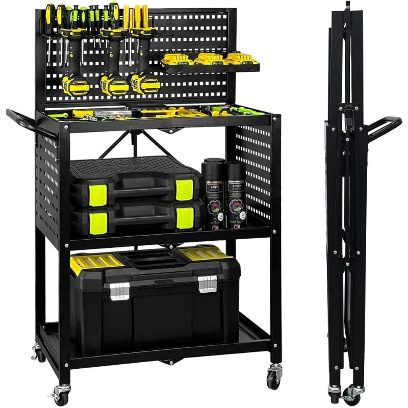 3-Tier Foldable Rolling Tool Cart with Wheels, Utility Cart with Pegboard for Garage Organizer and Tool Storage, Power Tool