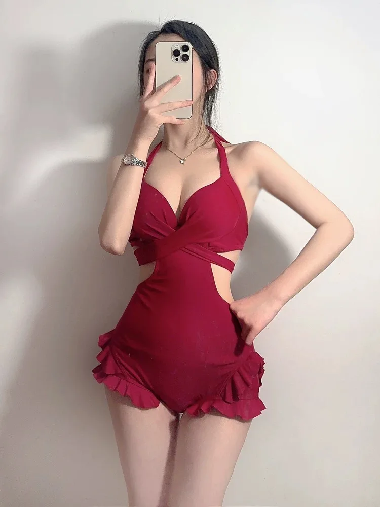 Ruffles Halter Neck One Piece Swimsuit Solid Color High Waist Cut-out Sexy Swimwear with Cover-up for Beach