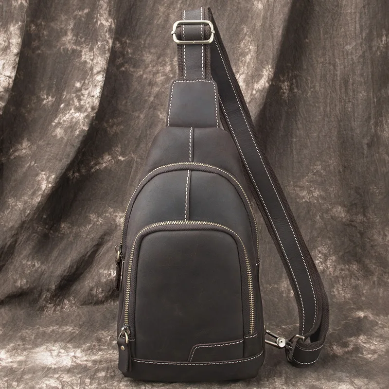 

New Fashion Crazy Horse Leather Chest Bag For Men Vintage Messenger Bag Male Outdoor Casual Shoulder Sling Small Backpack T206