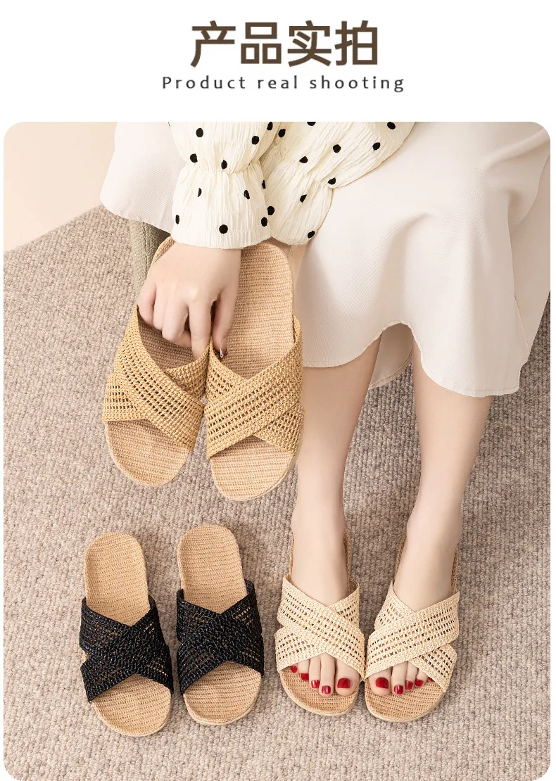 Leinen-Hausschuhe, gewebte Strohsandalen, Damen-Schuhe aus reinem Leinen und Stroh, japanische Hausschuhe für den ganzjährigen Gebrauch, leise, für drinnen, Retro-Stil. – Detail 11