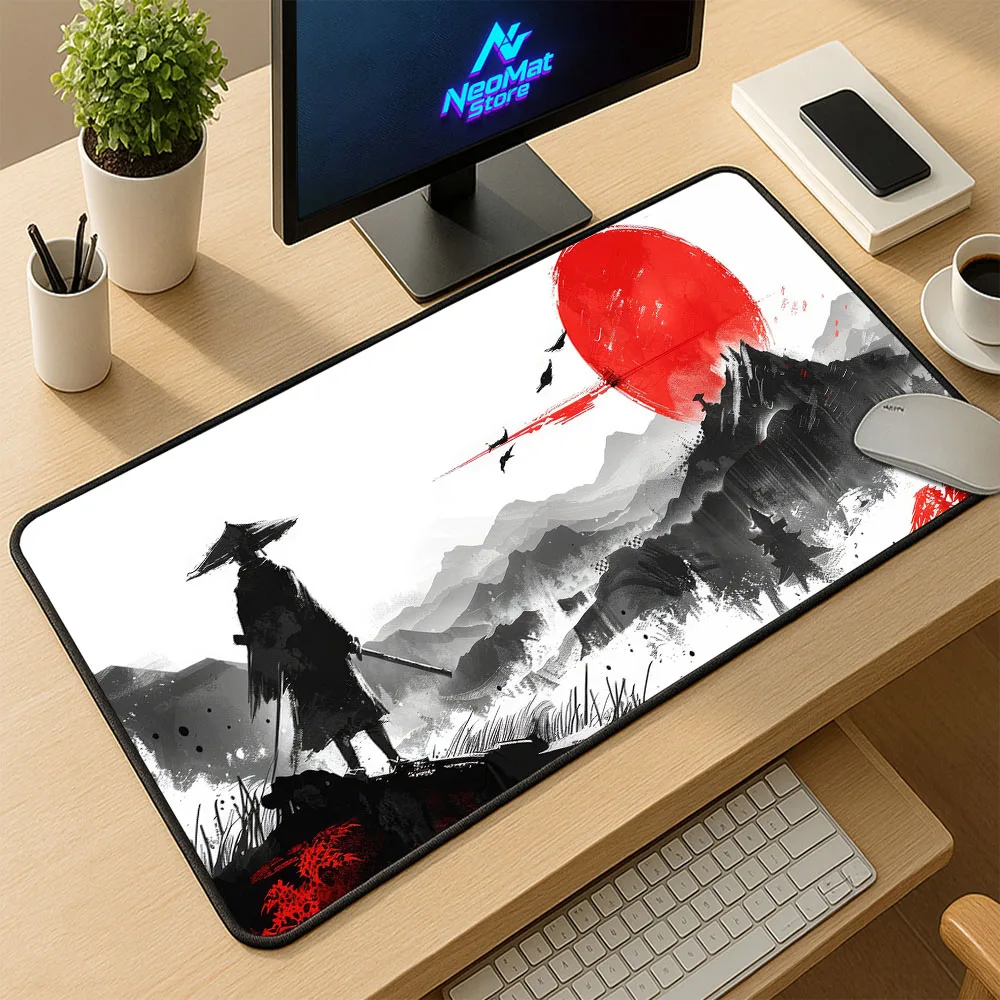 Monte fuji mousepad samurai acessórios de mesa grande tapete de computador preto e branco mouse pad antiderrapante teclado anime