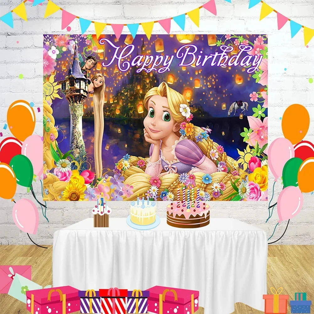 Disney Rapunzel Backdrop Happy Customized Background Gift Girl Princess Birthday Party Decoration Supplies Baby Shower Banner