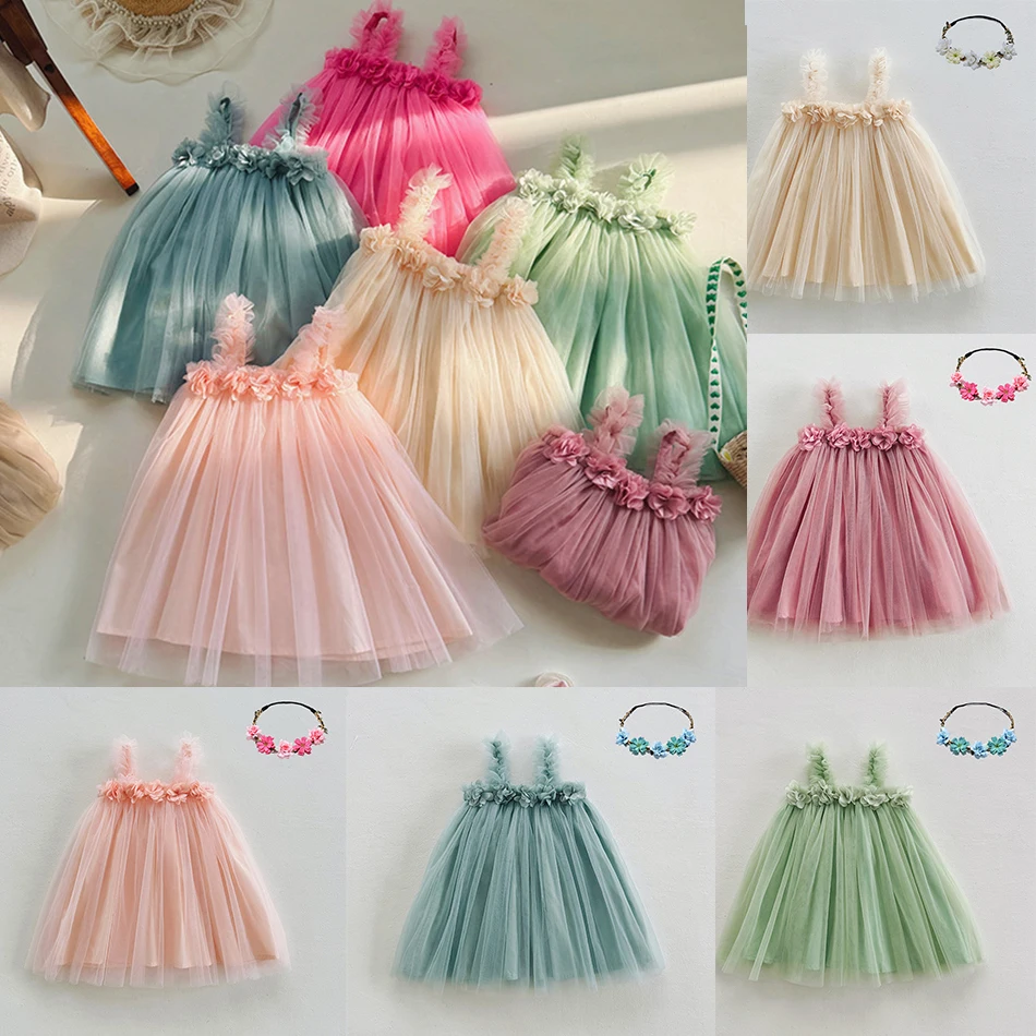 Summer Beach Dress For Girls 1-6 Yrs Stage Performance Costume Child Birthday Party Outfits Toddler Girl Tulle Floral Sling Sets