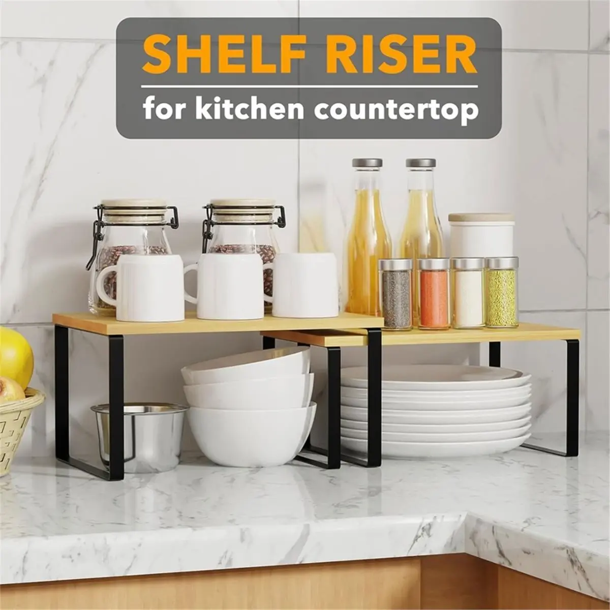2 Pack Cabinet Shelf Organizers , Kitchen Counter Rack Shelves Riser, Stackable Expandable Spice Rack Wood