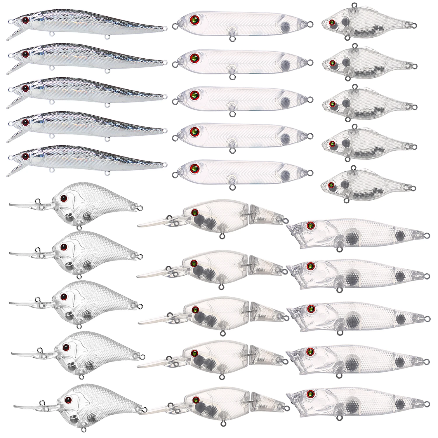 30pcs Mixed Unpainted Lures Fishing Blank Baits Set Crankbaits Minnows Pencil Lures VIB Clear Baits Naked Bait Embryo with Eyes