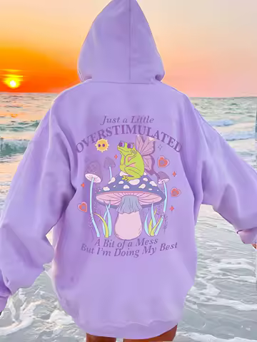 Women's Fashion Casual Hooded Sweatshirt Whimsical Frog Graphic Girls Clothes Funny Cute Mushroom Frog Letter Print Hoodie