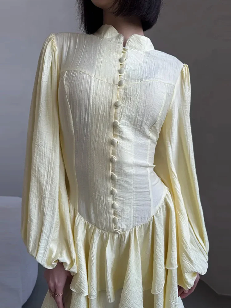 

Elegant Women's Ruffled Mini Dress Button Down Puff Long Sleeve A-Line Flared Hem Dresses 2026 Casual Party Spring Summer Outfit