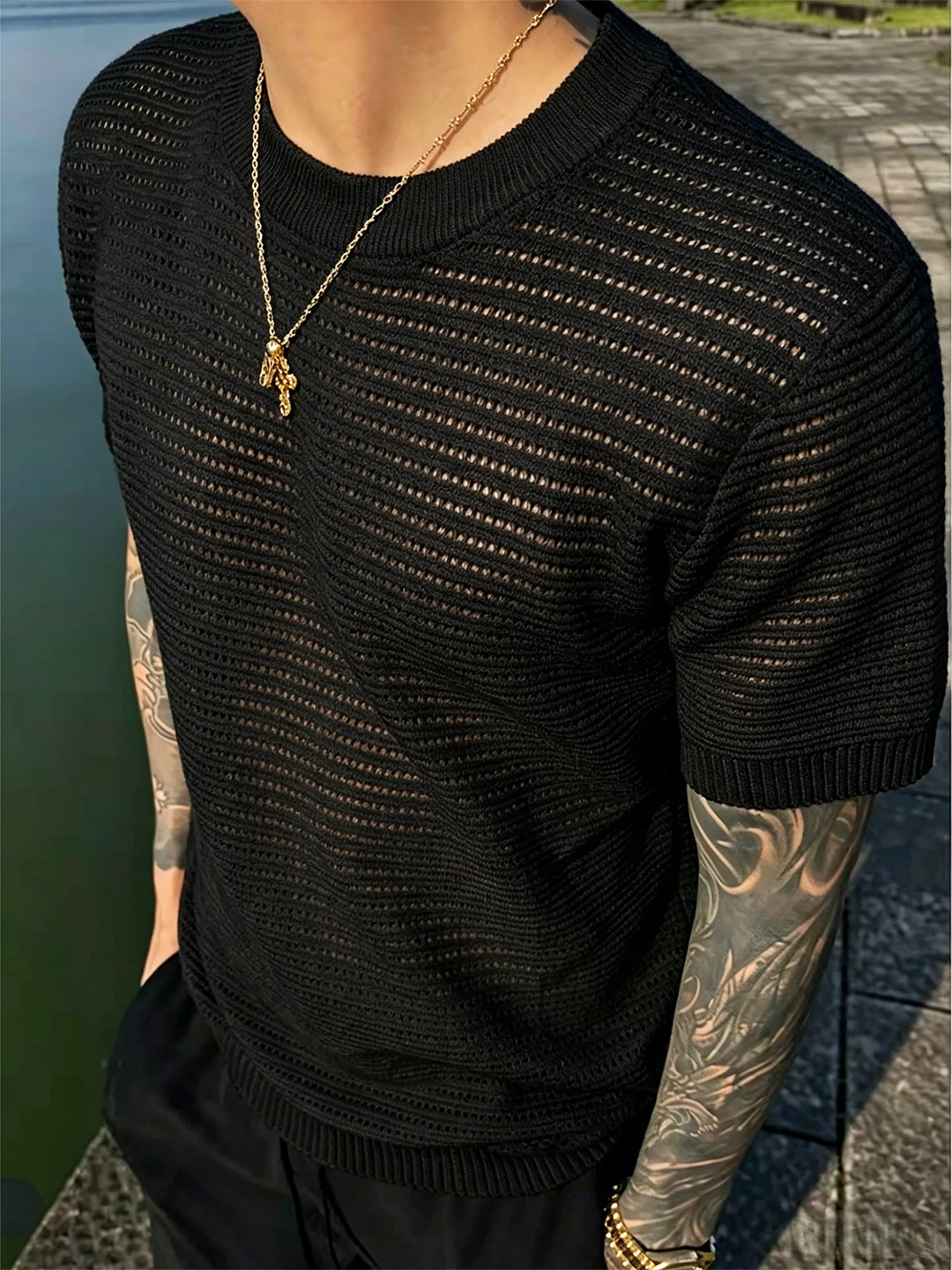 

Black Hole Eye Knitted Hollow Cotton T-Shirt Men's Summer Thin Breathable Casual Half Sleeve Top Soft Comfortable Cool Sensation