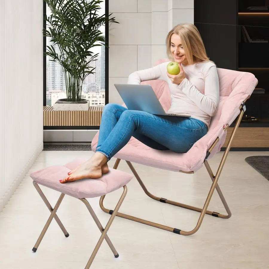 เก้าอี้ทรงจานพร้อมที่วางเท้าสำหรับผู้ใหญ่ เก้าอี้พักผ่อนพร้อมที่วางเท้า เก้าอี้ทรงจานพับได้แบบนุ่มสำหรับผู้ใหญ่และเด็ก ห้องนอน ห้องนั่งเล่น