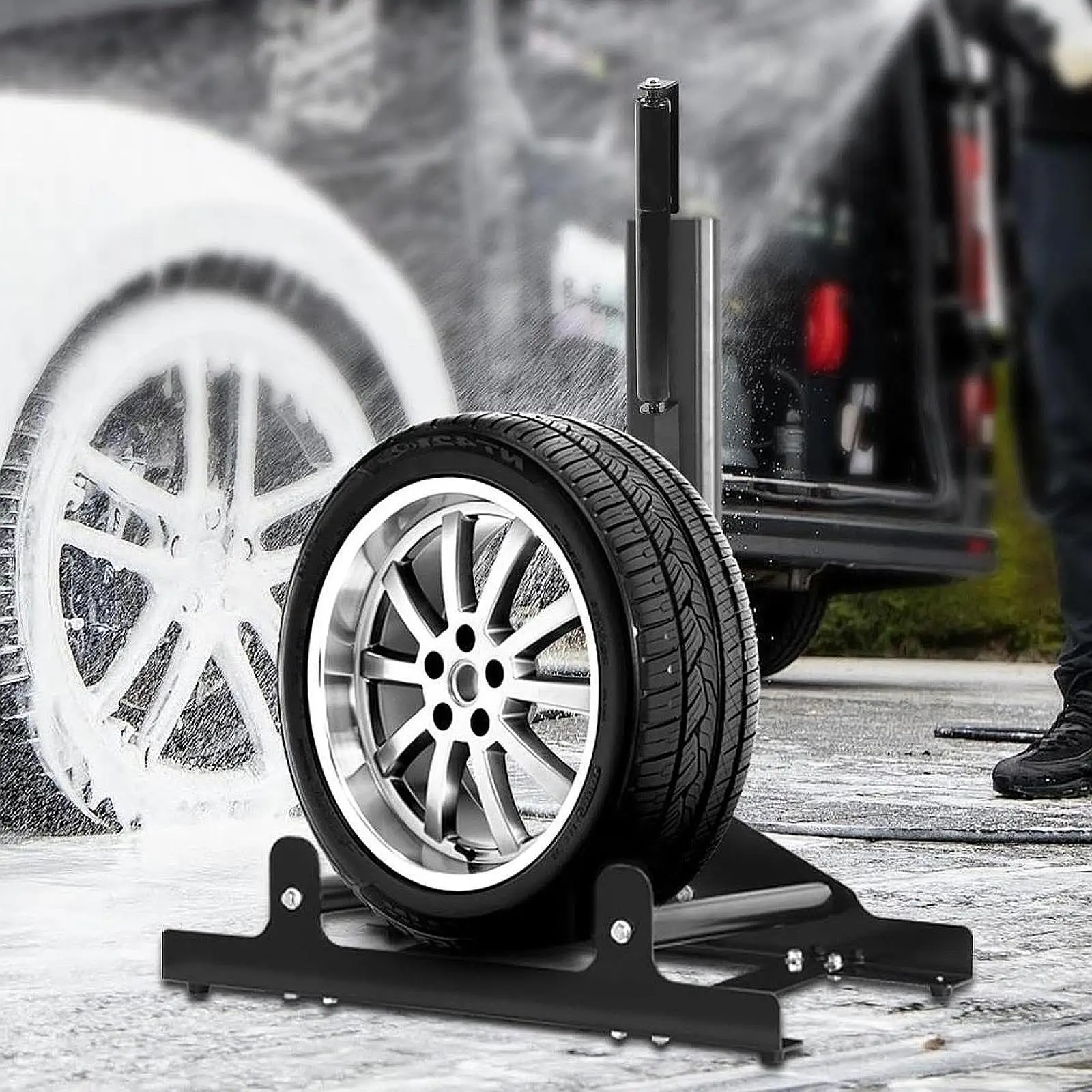 Rolling Wheel Detailing Stand Versatile Professional Rotating Iron Car Wheel Washing Holder for Work Shop Polishing Garage