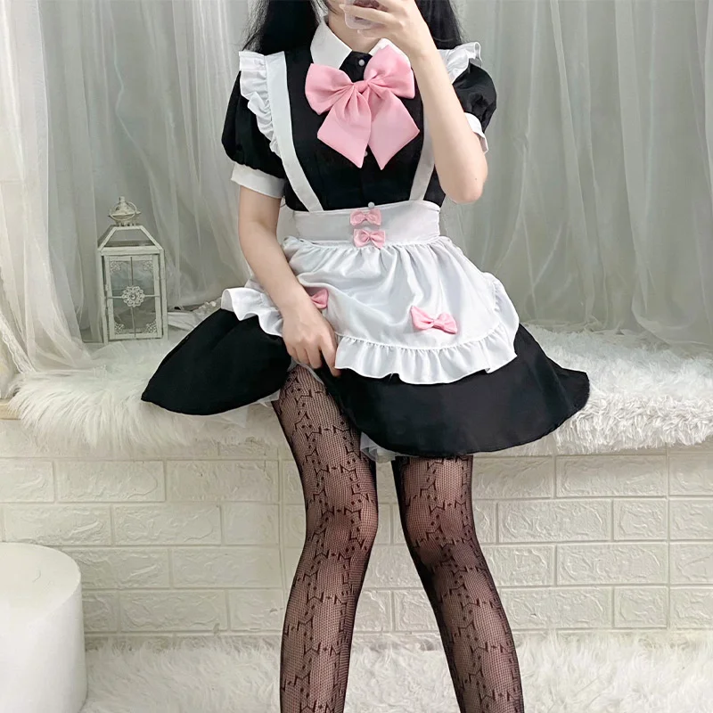 Uniforme Lolita Kawaii avec nœud rose, costume de cosplay, robe de femme de chambre noire, anime japonais, ensemble de filles mignonnes, tenue de lapin de performance d'injecteur