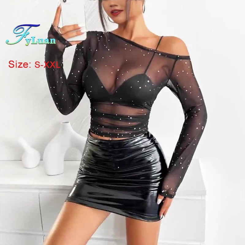 

Новинка 2025 года, элегантная женская футболка с длинным рукавом, черная полуперспективная сетчатая футболка с блестками и наклонными плечами, тонкая футболка Sense, топ