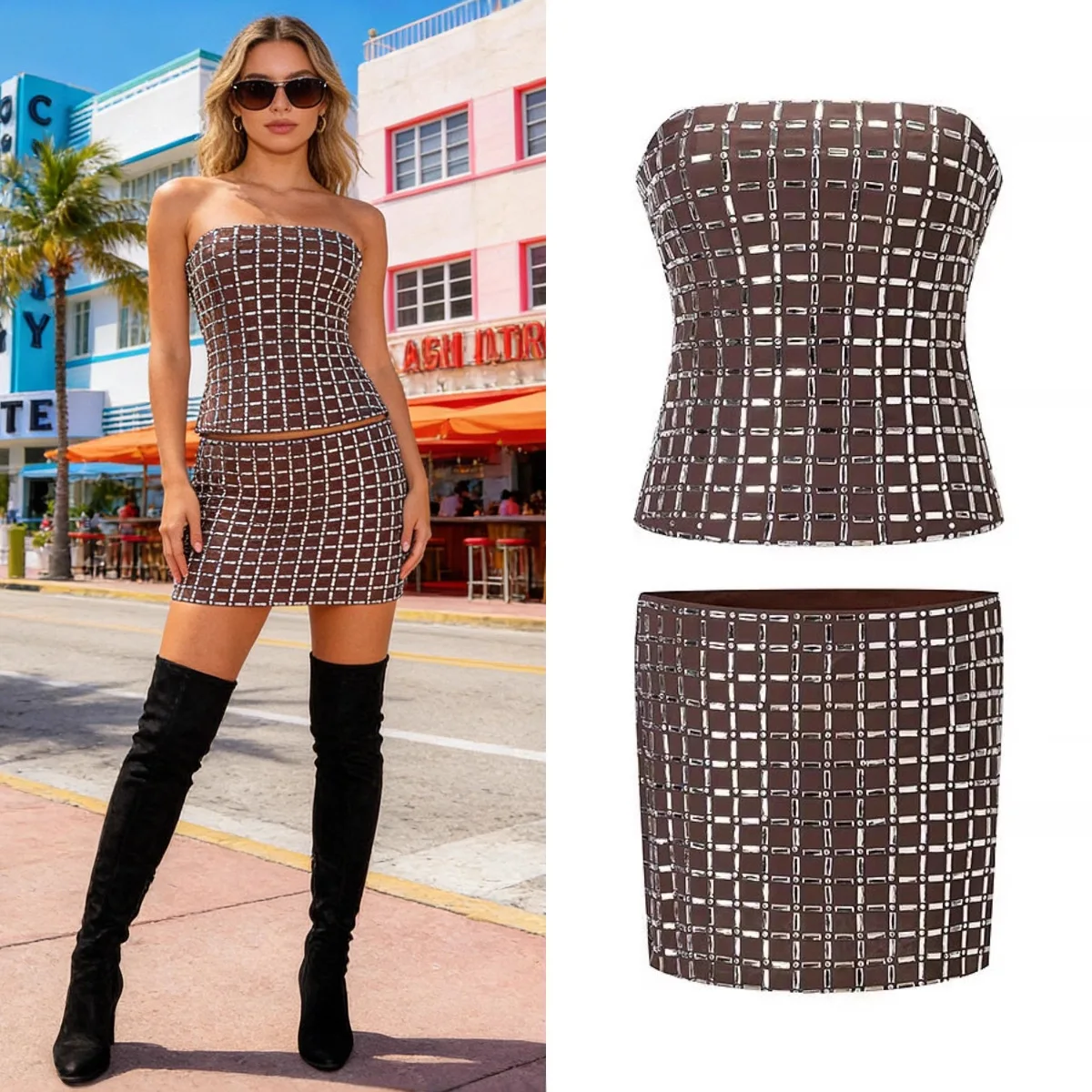 طقم تنورة مكون من قطعتين، أزياء نسائية مثيرة بدون أكمام، توب هاي ستريت كاجوال من حجر الراين، تنورة رصاص مستقيمة متوسطة الارتفاع