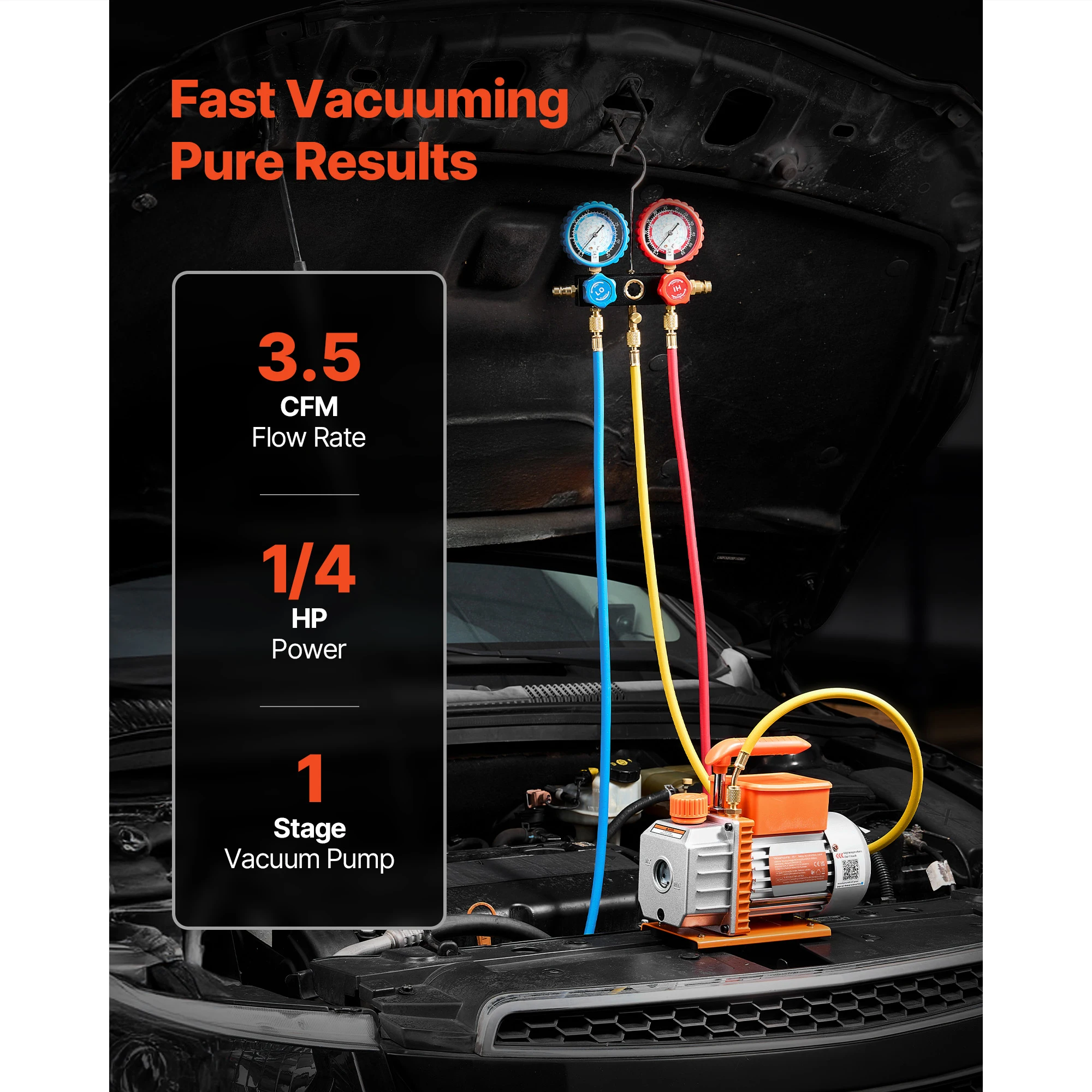 AC Vacuum Pump and Gauge Set, 3.5 CFM 1/4 HP, Designed for R134a R22 R410a R1234YF R32, with Carry Bag, Single Stage Rotary Vane HVAC Vacuum Pump, A/C Manifold Gauge Kit