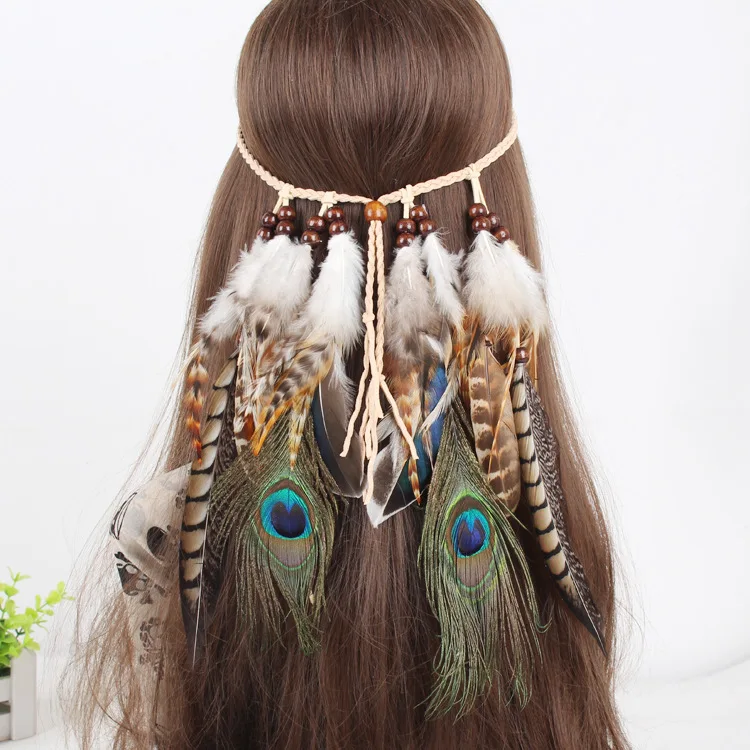 

Fashion Boho Style Feather Headband Hairpiece Beads Feather Headdress Handmade Girls Hair Accessories High Quality