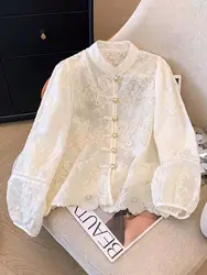 Flower Embroidery Chic Lace Splicing Tangsuit Button Shirts Women Jackets New Chinese Cheongsam Hanfu Vintage Thin Coats Summer