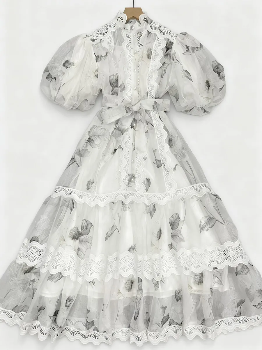 TWOTWINSTYLE الطباعة شير تقسم الدانتيل فساتين أنيقة للنساء الجولة الرقبة قصيرة الأكمام Pathwork الدانتيل يصل فستان طويل الإناث #5