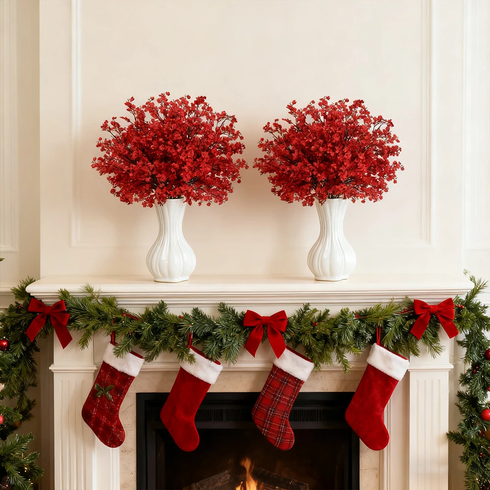 5 Stück rote Babys Atem künstliche Blumen gefälschte Gypsophila-Sträuße für Zuhause, Hochzeit, Tisch, Neujahr, Party, Weihnachtsdekoration – Detail 3