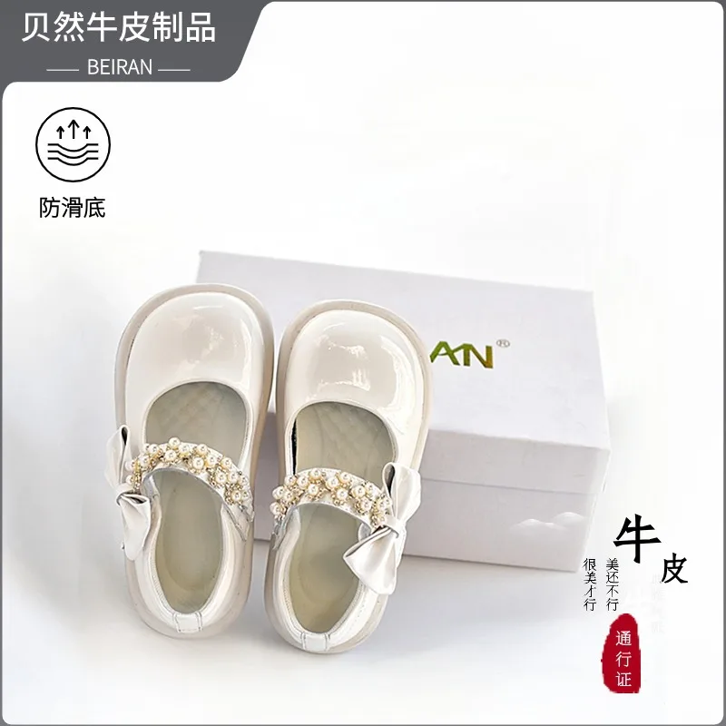Children's non-slip soft-soled girls' bright leather patent leather bright diamond white black genuine leather princess leather