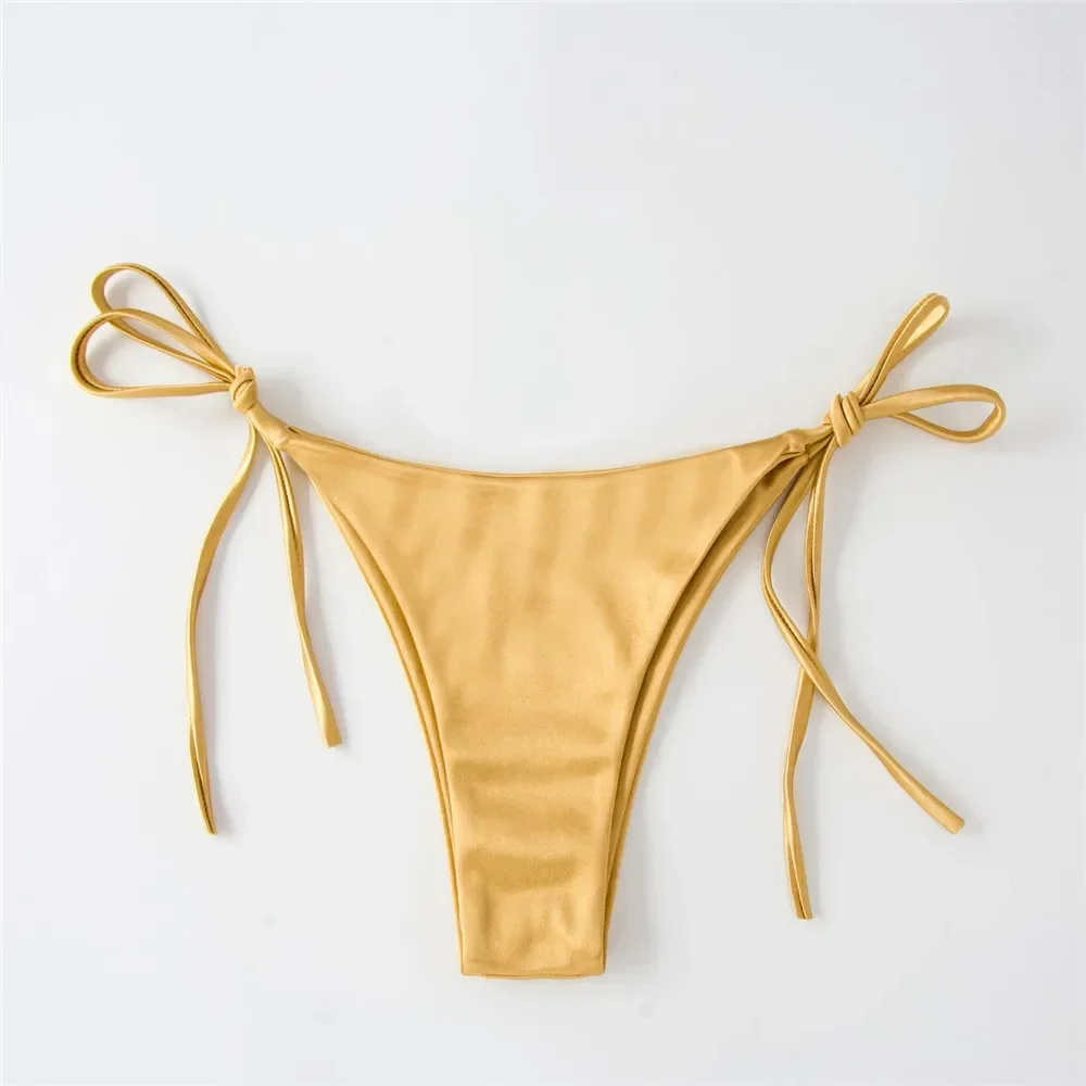 Sexy Gold Micro Thong Bikini Satin Swimwear Triangle Halter Swimsuit String Lace-up Bathing Suit Two Piece Bikinis Set Bathers