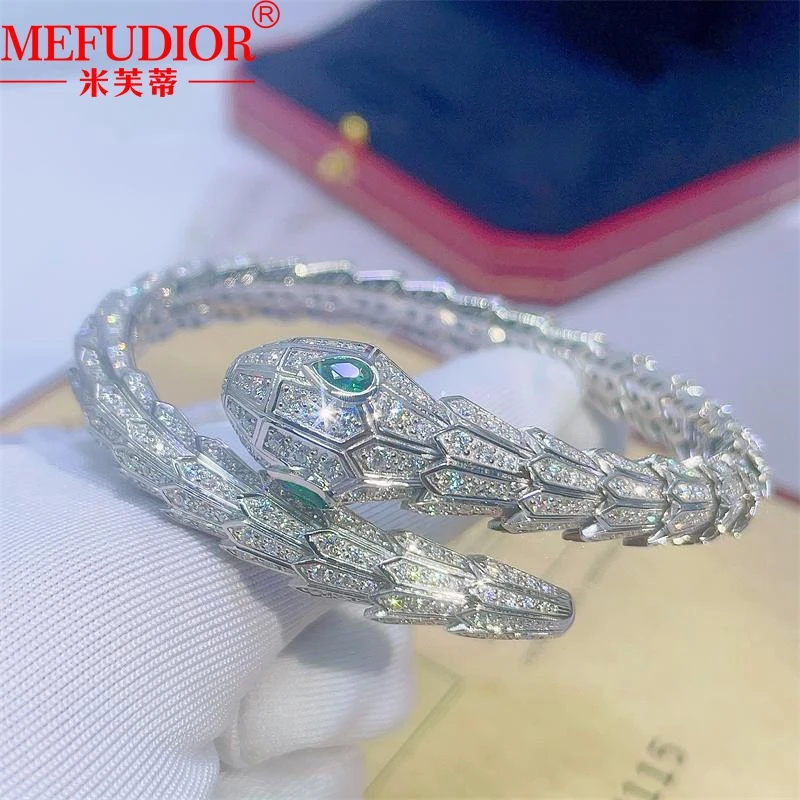 925 Sterling Silver Snake Women Bracelet Full Moissanite Diamonds Green Eye Scaly Serpent Bangle Couple Fashion Jewellry Gifts