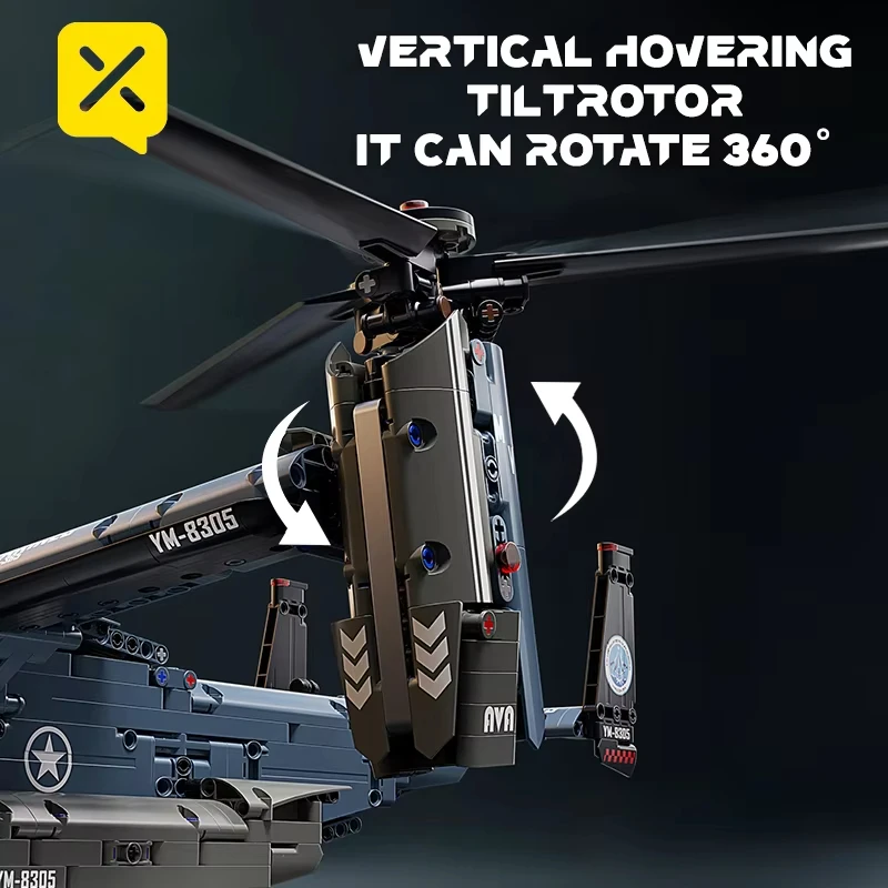 Building block toy, Osprey fighter jet, rotating wing details restored, military assembly model, children's gift