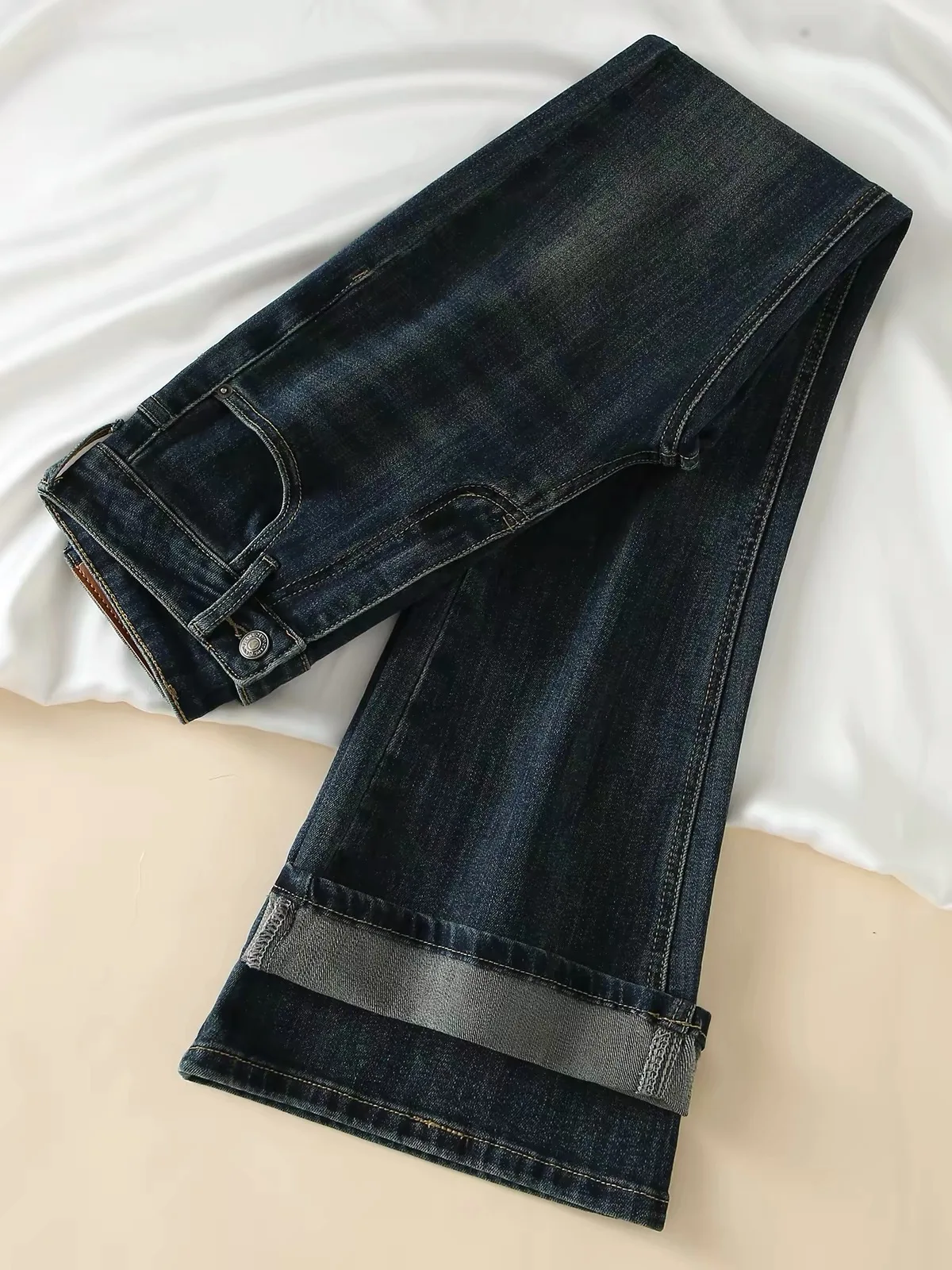 Retro High Waist Flared Jeans Women's Slim Fit Straight Leg Blue Grey Casual Simple Series Denim Pants for Short plus Size