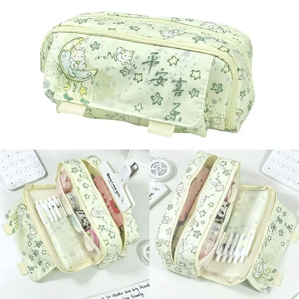 Cute Green Kitten Flip-top Pen Bag Student Supplies Canva Small Fresh Pencil Bags Large Capacity Stationery Bags