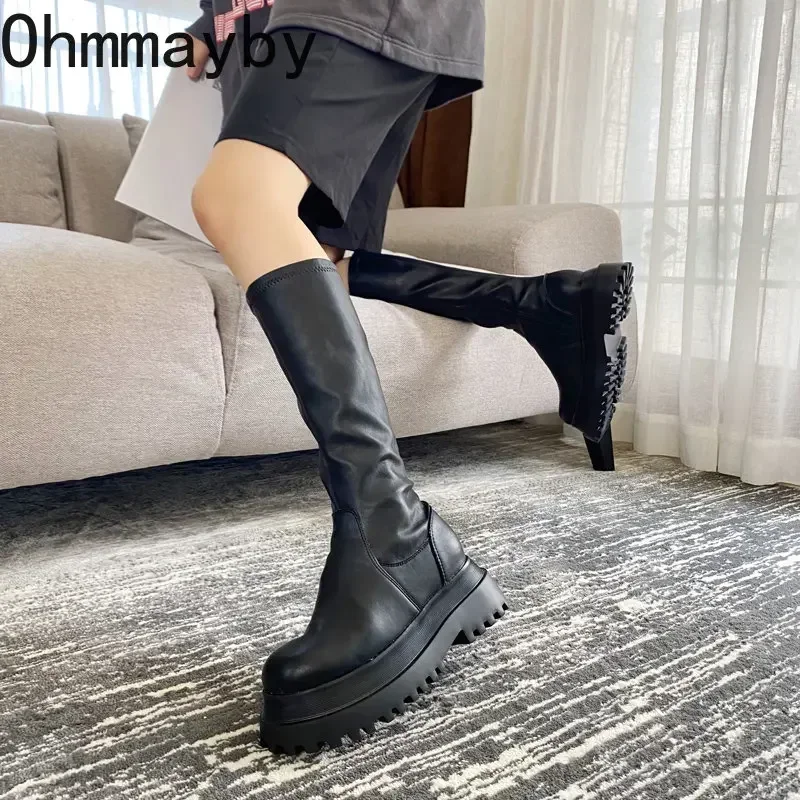 Botas largas de plataforma gruesa para mujer, botines hasta la rodilla con cremallera y punta redonda, a la moda, invierno, 2024