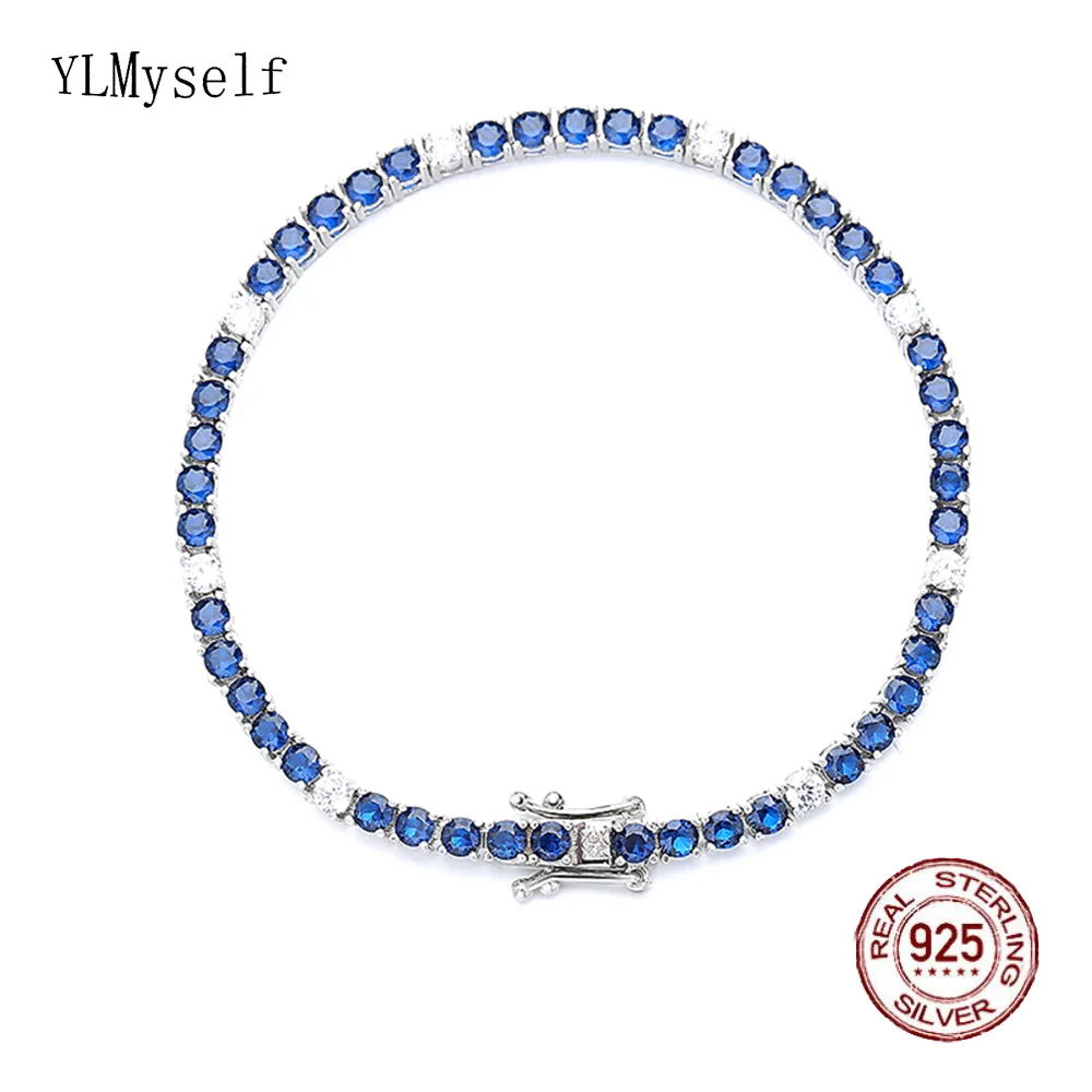 

Pure Silver 15-20 cm Tennis Bracelet Pave 3 mm Montana Blue Semi Precious Sapphire Mix Clear Cubic Zircon Real 925 Jewelry