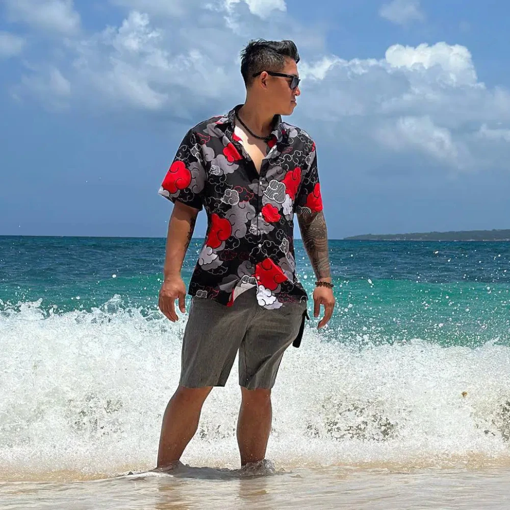 Men Multi Color Akatsuki Cloud Print Hawaiian Shirt Naruto Anime Short Sleeve Button Up Casual Streetwear Camp Shirts