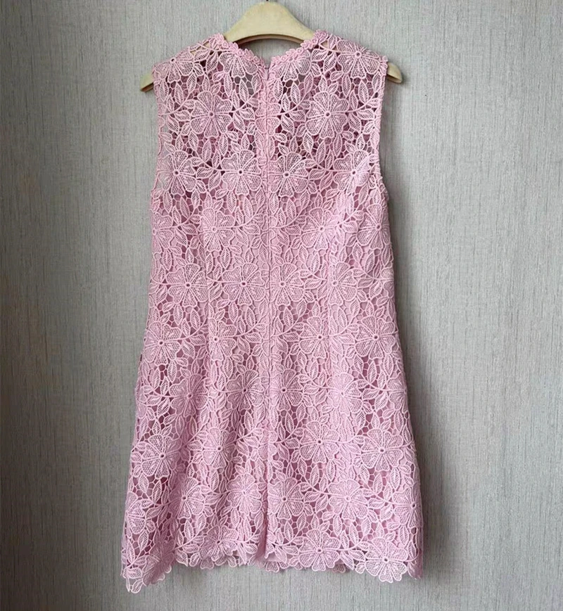 High Quality Summer Crochet Embroidery Lace Prom Short Dress Women Beaded Button Diamonds Mini A Line Party Vestidos Pink