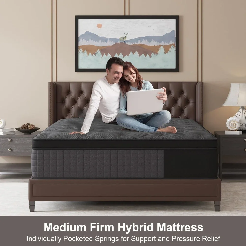 Queen Mattress, 14 Inch Hybrid Mattress Black with Gel Memory Foam and Individually Pocket Innerspring Euro Top Mattress Medium