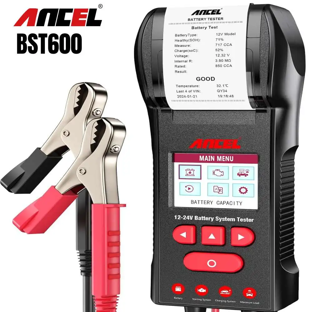 ANCEL-probador de batería automotriz BST600 con impresora, sistema de carga de arranque, 12V/24V, 100-2000CCA cargador de baterias para automovil comprobador de batería coche arrancador de batería coche portátil