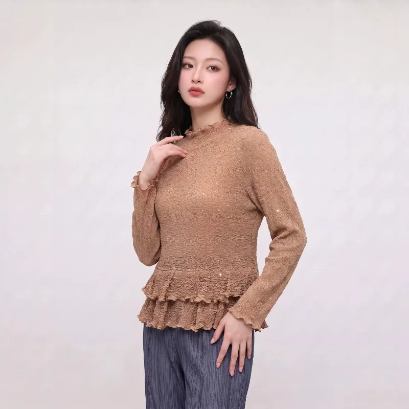 Miyake Pleated T-Shirt Plisse Women Textured Plus Size 2026 Autumn Top Ruffled Edge New Solid Embroidered Slim Fit Base Shirt