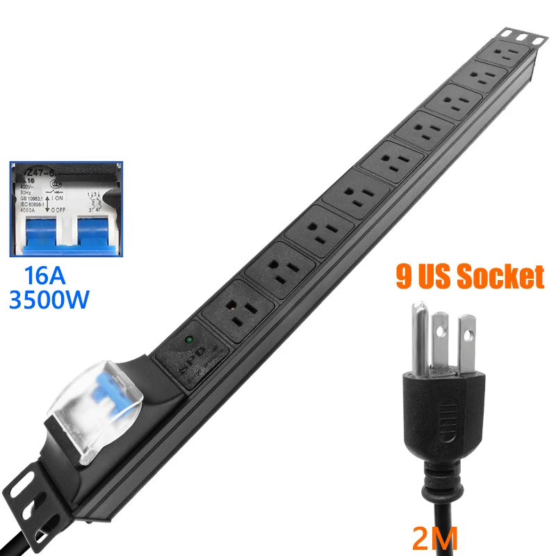 

PDU Power StripNetwork Rack SPD 4000W 9ACAir Switch US Socket 16A Circuit Breaker 2Meters Extension Cord Aluminium Alloy Shell