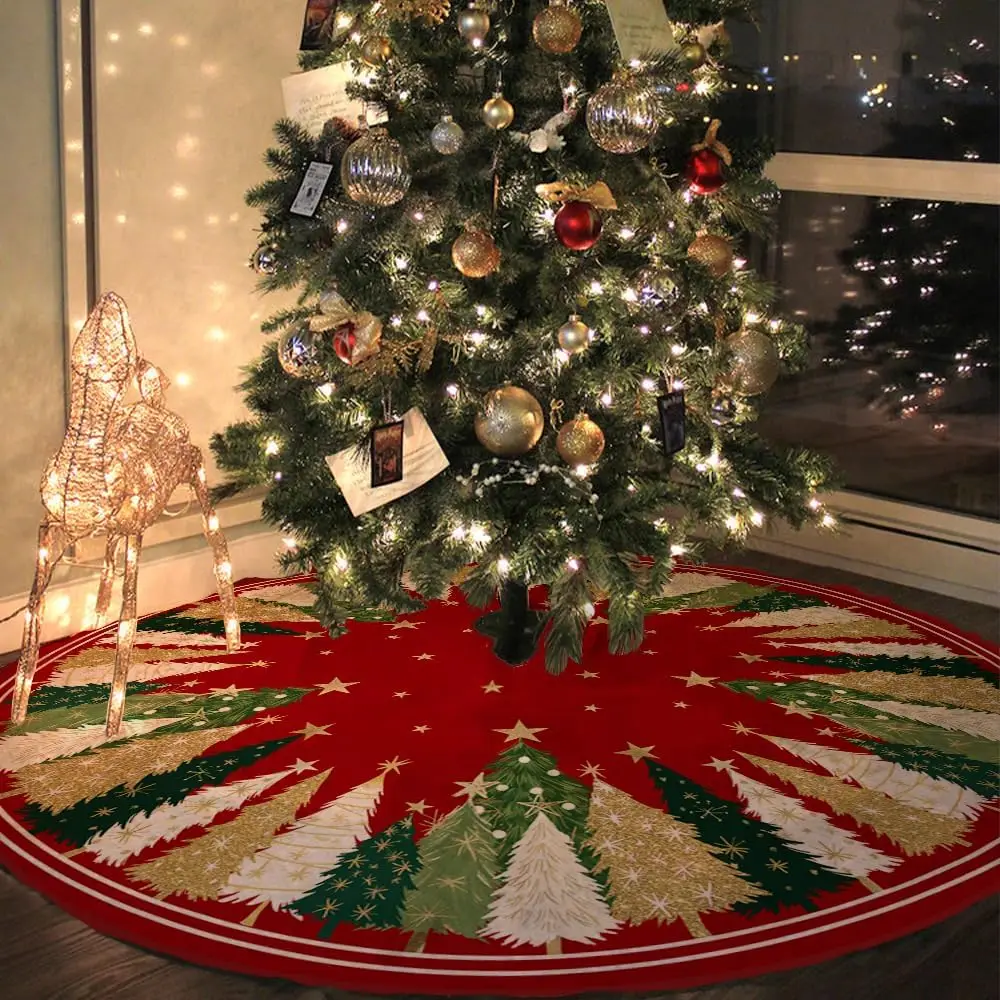 Christmas Tree Skirt Collar 48 Inch Xmas Pine Trees Fir Stars Soft Farmhouse Holiday Decoration (Red & Green) TS3