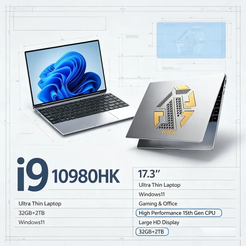 Intel I9‑10980HK 17.3'' HD Large Display Notebook PC 32GB RAM 2TB SSD Windows11 WiFi6 Portable Laptop For Office Business Work