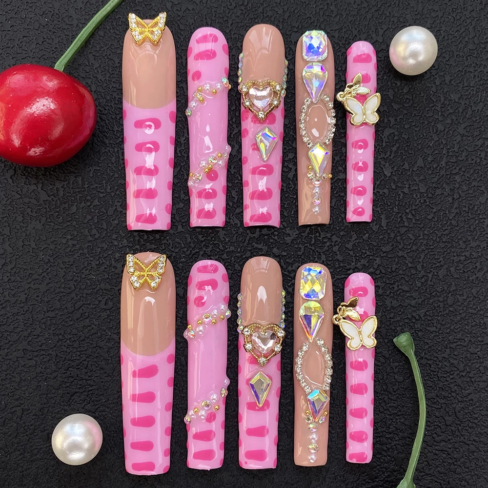 

Gorgeous Ballerina Coffin Charm False Nails Art UV Gel Extra Long Durable Reusable Exclusive Y2K 10PCS Handmade Press Ons Nails