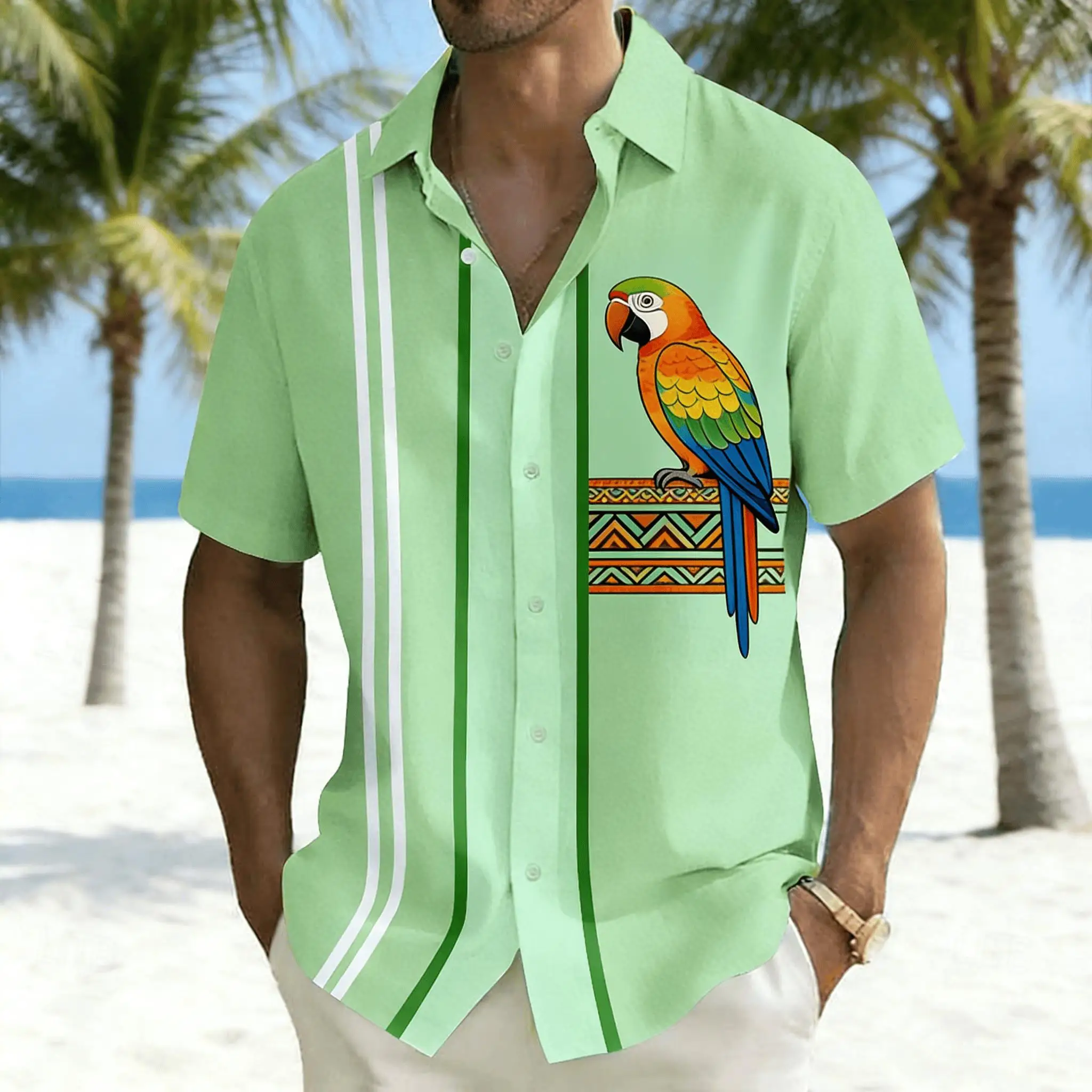 Men's Colorful Parrot Print Short Sleeve Shirt, Striped & Tropical Macaw Design Button Down for Spring Summer Casual