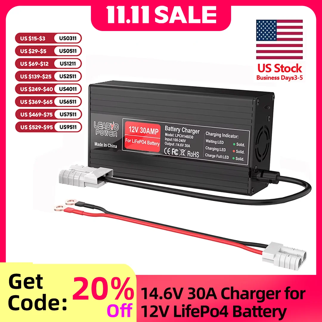 

14.6V 30A Charger 12V LiFePO4 Battery Charger Aluminum Case Use For 12V Lithium iron Phosphate RV Caravan Battery Smart Charger