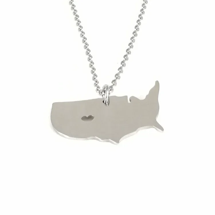 Stainless Steel America Arkansas Pennsylvania Kansas Map Necklace for Women Men Heart Shaped Hollow Out Necklaces Jewelry Gifts